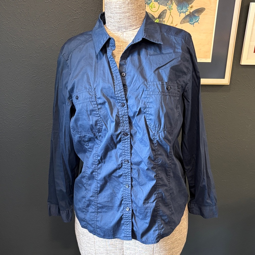 Classic Chico’s Navy Button-Up Shirt Crisp Cotton Blend Size XL